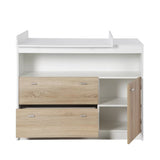 Eco Friendly Sonoma Oak Wood Baby Changing Unit | Storage Pockets | Cupboard & 2 Drawers | Removable Topper | White & Oak