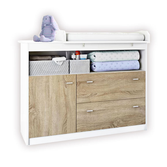 Eco Conscious Sonoma Oak Wood Baby Changing Unit | Storage Pockets | Cupboard & 2 Drawers | Removable Topper | White & Oak