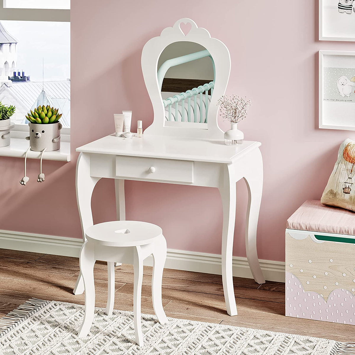 Girls Princess Dressing Table Stool with Mirror Drawers Kids Vanity Table White or Pink 3-8 Years