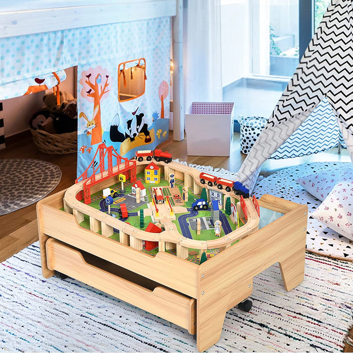 Deluxe Beech Wood Montessori Wooden Train Set with 100 Detailed Pieces www.littlehelper