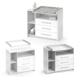This white baby changing unit in white with clean lines has 3 drawers and 3 storage pockets
