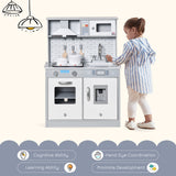 Electronic ice machine and cooktop make the sound and light effect on this deluxe montessori toy kitchen