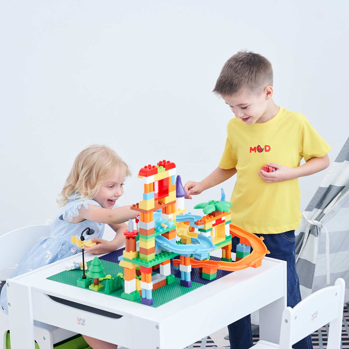 Kid's 3-in-1 White Wooden Table & 2 Chairs with Lego Board and Storage –  www.littlehelper.co.uk