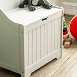 Tongue and groove design to the front panel lends a quality design to this kids toy box 