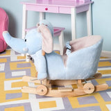This rocking horse elephant features 4 rolling wheels and wooden rails, making it more than a rocking horse