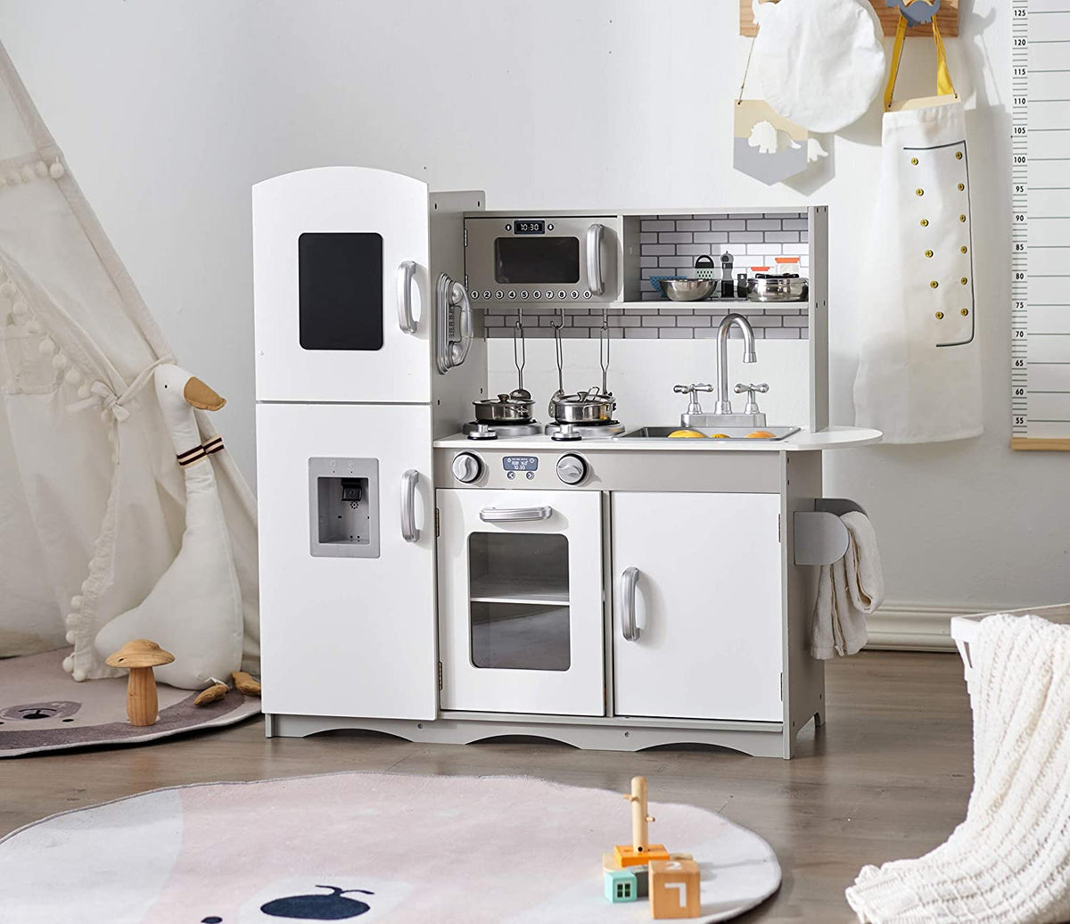 Deluxe Montessori Inspired Wooden Toy Kitchen Working Water Dispenser Phone Blackboard inc. Accessories