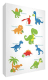 Colourful dinosaur design with specie's names printed onto different portrait sized canvases with solid front at 1.5" thick
