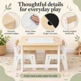 Space-saving kids table and chairs with rounded edges and easy-clean surface