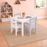 White and soft grey wooden kids table and four chairs set for crafts dining and playtime