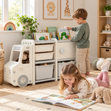 Truck shaped kids toy storage organiser with bins and cupboard