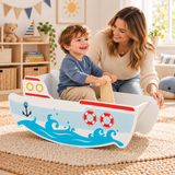Mum gently rocking toddler in wooden boat rocker during indoor playtime