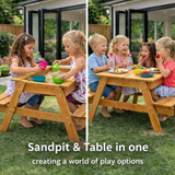 Kids Heavy duty 3-in-1 Pre-Treated Eco Conscious Wooden Sandpit and Picnic Bench with Cover | 1 Year+