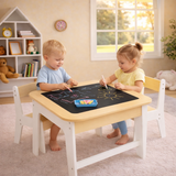 Double‑Sided White Wooden Kids Table & 2 Chairs Set – Storage & Chalk/Whiteboard