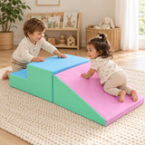 Pastel soft play climb and slide set with blue steps, mint sides and a pink ramp
