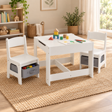 Kids wooden table and two chairs with grey storage bins, showing the smooth activity top and colourful building block side
