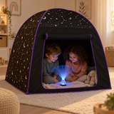 Two children sitting inside the GlowBurst Wonder Tent with a sensory light