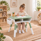 Height adjustable kids table and chair set in white with green elements