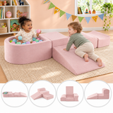 Pink five-piece Montessori soft-play climbing set with ball pit, slide and steps