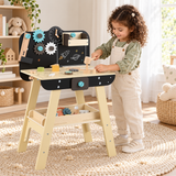 Wooden kids’ tool bench with toy tools and construction accessories