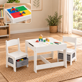 White wooden kids activity table and two chairs with grey under-seat storage bins in a neutral playroom
