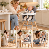 Grey 4-in-1 highchair with inset images showing booster seat, toddler chair and stool configurations.