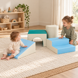 Four-piece blue, teal and cream toddler soft play set with slide, steps and arch tunnel.