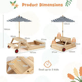 Wooden car themed sandpit and picnic table with umbrella and dimensions on a white background