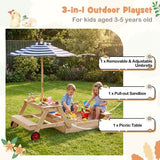 3-in-1 outdoor playset with picnic table, sandpit, and umbrella on grassy area.