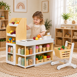 Children's pretend grocery store multi‑layer open display storage shelves