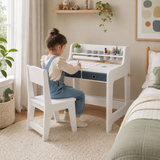 White children's art desk and chair set with storage drawers and shelf