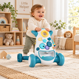 Pink Montessori baby walker with 10-month-old boy learning to walk