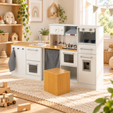 Montessori inspired wooden toy kitchen and washing machine play set