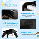 Product features of kids wooden piano with rounded corners, hidden battery box, high quality speaker, and matching stool