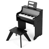 Black wooden piano with stool on a white background