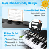 Music stand with music sheet and keyboard, highlighting child-friendly design features on kids wooden piano