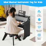 Child playing a black toy piano with educational benefits displayed on the right.