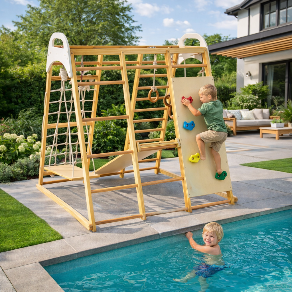 Parco giochi in legno per bambini al coperto - Scala Montessori con scivolo, altalena e barre di arrampicata / Palestra magica in legno - Italia