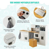 Wooden play kitchen with coffee maker water dispenser and washing machine