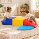 Two children playing on a compact arrangement of the modular four-piece foam set
