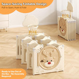 Folded cream deer playpen showing compact panel storage