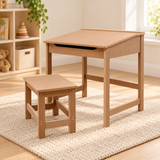 1. Children’s desk with lift-up top open to show paper and pencils stored inside, with matching stool alongside.