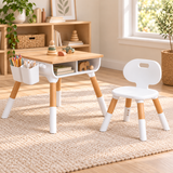 Children’s adjustable table and matching chair with a natural wood-look plywood tabletop