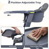 Grey baby and toddler feeding chair with two position adjustable food tray