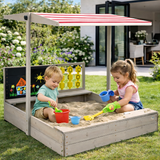 3-in-1 Montessori Eco Natural Fir Wood Sandpit | Blackboard | Game with Sun Canopy & Cover | 3-8 Years