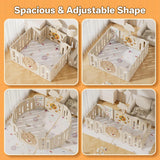 Cream folding baby playpen feature infographic with mat, balls and activity accessories