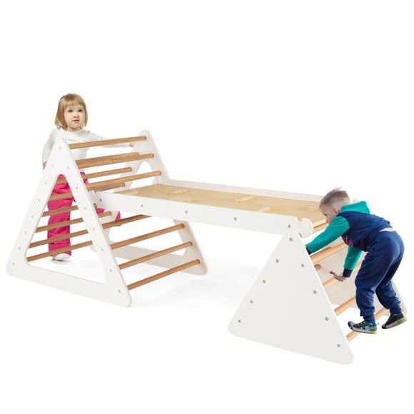4-in-1 Deluxe Eco Montessori Pikler Triangle, Slide & Climbing Wall | Natural & White