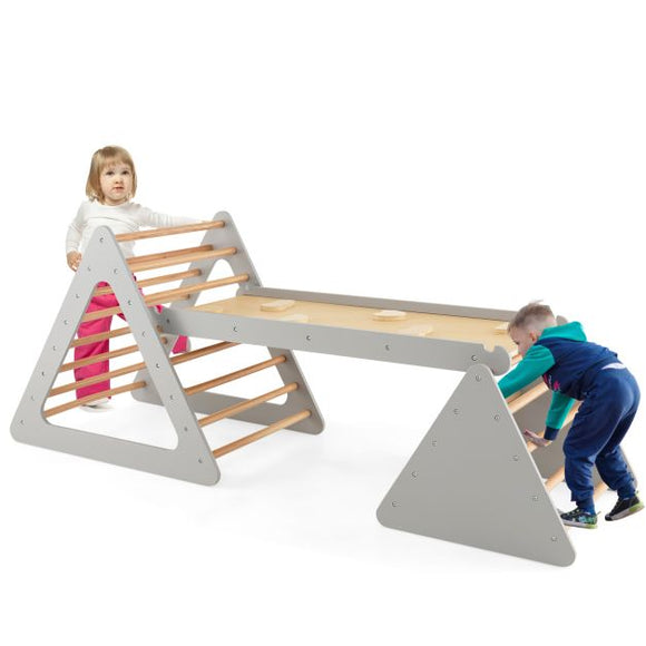 4-in-1 Deluxe Eco Wood Climbing Frame | Montessori Pikler Triangle, Slide & Climbing Wall | Natural & Grey