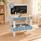 Blue kids’ construction workbench with hammer, wrench and screwdriver