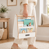 Portable toddler bookcase with natural wood carry handle