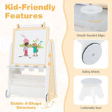 This childrens art easel  includes storage shelf, bookcase, a magnetic whiteboard, blackboard and paper roll to practice masterpieces.